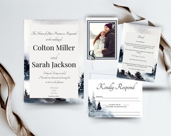 Mountain Wedding Invitation Template Set, Woodland Forest Pine Wedding Invite Suite, Rustic Details Card, Watercolor Wedding Bundle