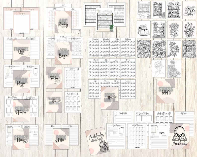 Puede incluir: Un conjunto de p&aacute;ginas imprimibles de seguimiento de libros y diario de lectura con un esquema de color rosa y marr&oacute;n. Las p&aacute;ginas incluyen secciones para hacer un seguimiento de los libros le&iacute;dos, las citas favoritas, el bingo de libros, el seguimiento de las series, y mucho m&aacute;s.