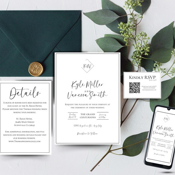 Modern Wedding Invitation Set | Minimalist Wedding Monogram | Boho Template | Printable, Editable Wedding Invites | INSTANT Download |Bundle