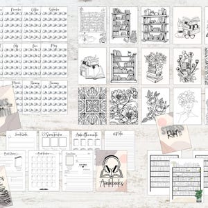 Puede incluir: Un conjunto de p&aacute;ginas de planificador imprimibles y p&aacute;ginas para colorear con tem&aacute;tica de libros. Las p&aacute;ginas incluyen rastreadores de libros, listas de lectura y dise&ntilde;os florales. El texto en las p&aacute;ginas incluye "Books of the Month", "Stress Relief" y "Audiobooks".