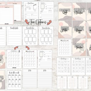 Puede incluir: P&aacute;ginas imprimibles de seguimiento de libros con acentos rosas y blancos. Las p&aacute;ginas incluyen secciones para citas favoritas, seguimiento de series, rese&ntilde;as de libros, bingos de libros y m&aacute;s.