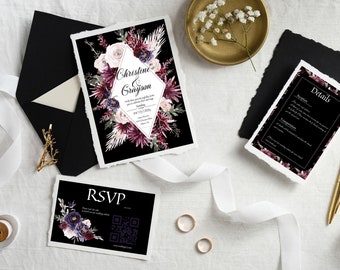 Burgundy| Black Wedding Invitation Template, Maroon| Purple| Blush Invite, Floral Wedding Invitation, Printable Moody Wedding Invitation Set