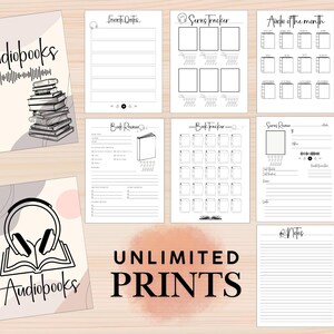 Puede incluir: P&aacute;ginas imprimibles de seguimiento de audiolibros con un esquema de color rosa y gris. Las p&aacute;ginas incluyen secciones para citas favoritas, rese&ntilde;as de libros, seguimientos de series, audio del mes, rese&ntilde;as de series y notas.