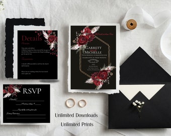Burgundy Floral Wedding Invitation Template: Moody Invite (Digital Download)