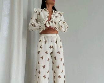 Kuscheliger Damen-Pyjama mit niedlichem Teddybären-Print Bequemes Schlafset für Frauen | Lässiges Loungewear-Set für gemütliche Nächte