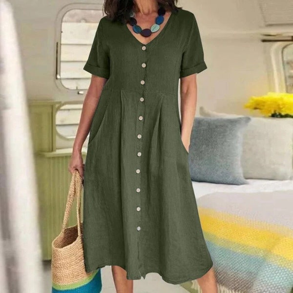 Sommerliche Eleganz: Damenbekleidung mit lässigem V-Ausschnitt, Kurzarm, aus Baumwolle und Leinen Solides loses Midi Kleid mit hoher Taille