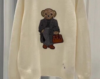 Woman O-neck Bear Embroidery Knitted Sweater - Korean Style Spring Loose Fit Long Sleeve Simple Casual Pullover