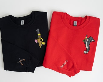 Tom en Jerry geborduurde bijpassende crewnecks, bff schattige bijpassende sweatshirts, cadeau voor hem, cadeau voor haar, paar crewnecks kat en muis