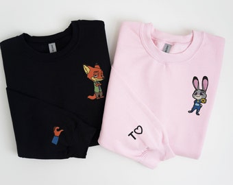 Zootopia Embroidered Crewneck Sweatshirt: Nick Wilde & Judy Hopps Matching Couple Gift