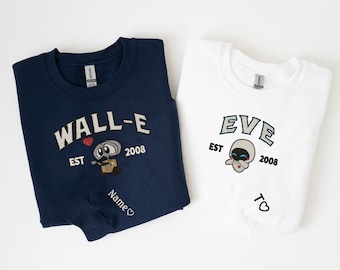Walle Eve embroidered matching crewnecks, bff matching sweatshirts, gift for him, gift for her, cute robot couple crewneck, couple sweatshir