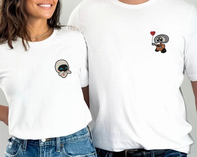 Walle Eve embroidered matching t shirts, bff matching shirts, gift for him, gift for her, cute robot couple shirts, couple t-shirts GILDAN