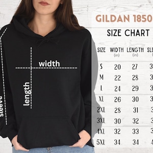 Puede incluir: Tabla de tallas para sudaderas con capucha Gildan 18500, que muestra las medidas de ancho, largo y manga en pulgadas para las tallas S a 5XL.