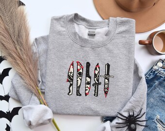 Cuchillos con cara de terror que brillan en la oscuridad, sudadera de película bordada, personajes asesinos en serie Michael Chucky Jason, Navidad, regalo para él