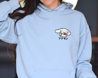 Cute Cinna roll embroidered hoodie, kawaii kitty hoodie, sanrio kuromi cinnamon, gift for her, cute kitty pullover hoodie GILDAN bunny