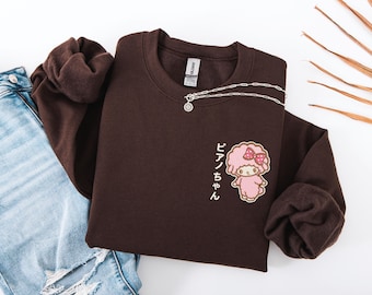 My Sweet Embroidered Sweatshirt, Japanese Anime, kawaii, cute gift for my sweet piano lovers, kuromi, my melody, cute sheep custom sleeve