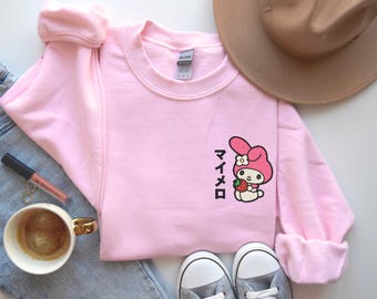 Embroidered Melody strawberry Sweatshirt, Japanese Anime sanrio, cute bunny, gift for sanrio lovers, kawaii, birthday, bff, kuromi, summer
