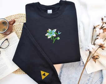 Legend of Zelda Sweatshirt: Embroidered Silent Princess Flower, Triforce Pullover