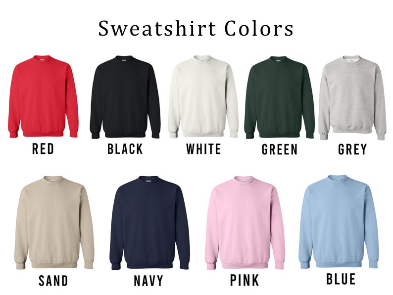May include: A selection of ten crewneck sweatshirts in various colours, including red, black, white, green, grey, sand, navy, pink, blue, and light blue.  The sweatshirts are all the same style and have a relaxed fit.