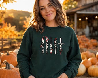 GLOW in the DARK horror face knives, embroidered movie sweatshirt, Michael Chucky Jason serial killer characters, Christmas, gift for him