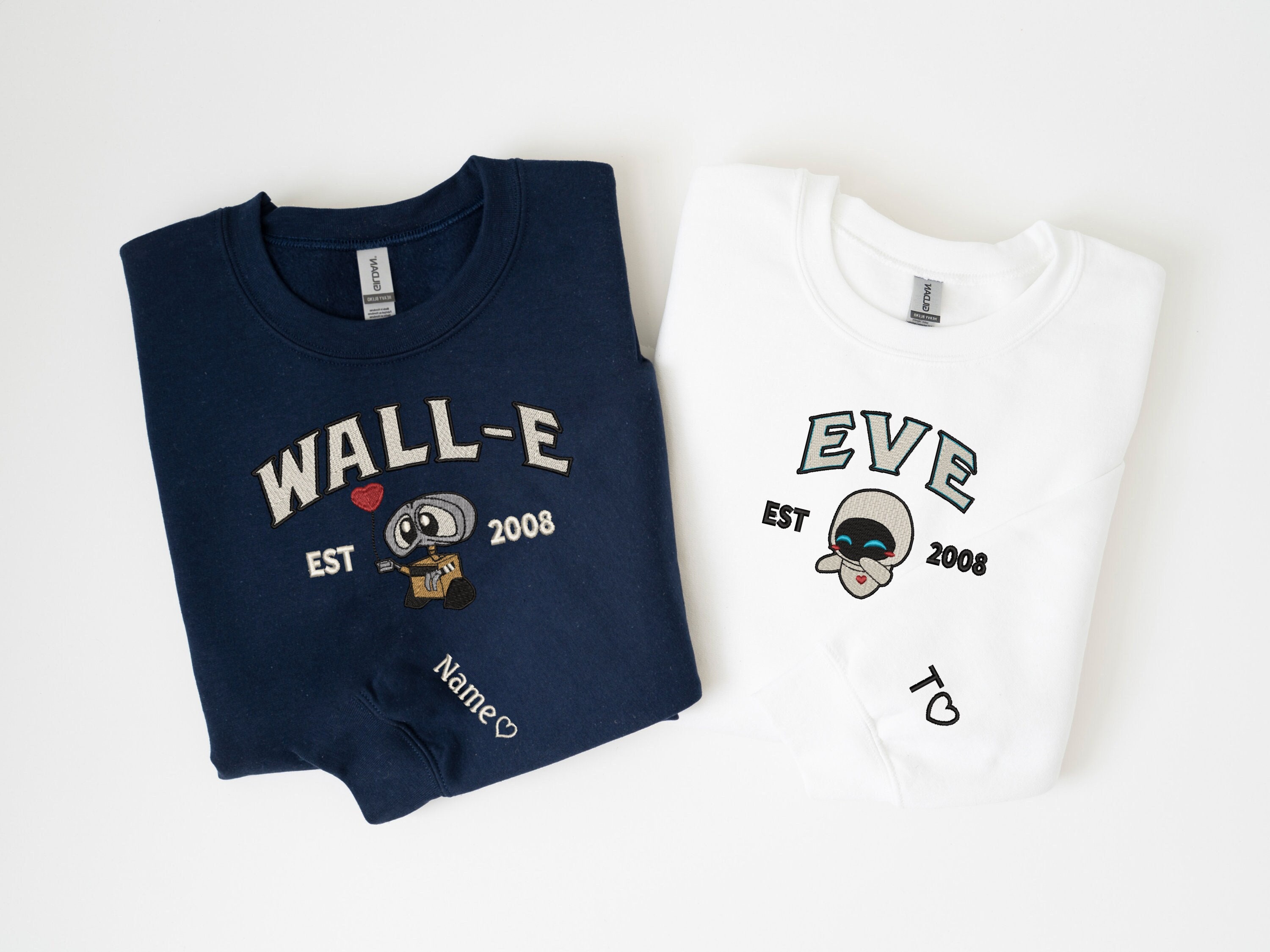 Walle Eve embroidered matching crewnecks, bff matching sweatshirts, gift for him, gift for her, cute robot couple crewneck, couple sweatshir