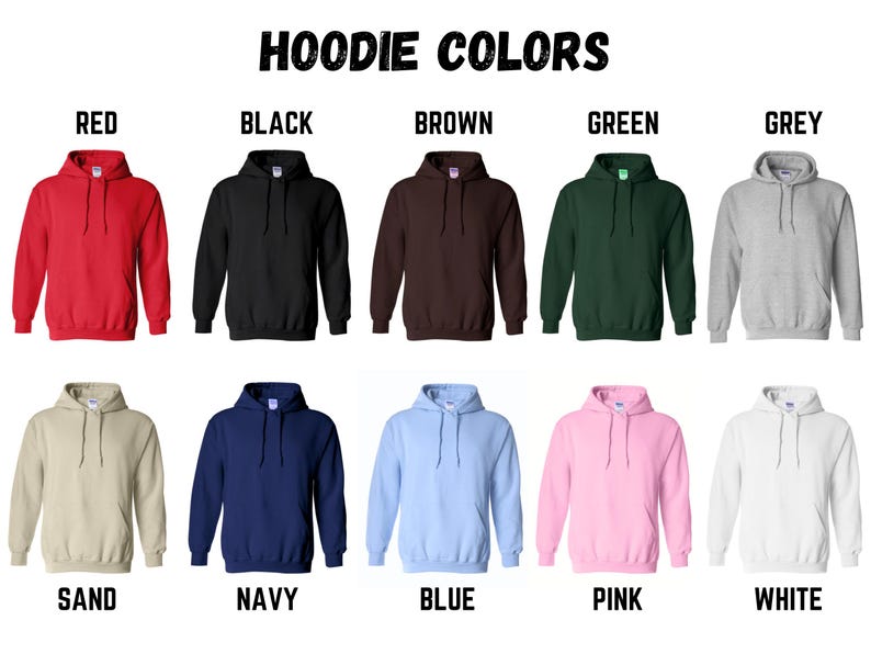 Puede incluir: Un gr&aacute;fico que muestra 10 colores diferentes de sudaderas con capucha. Los colores son rojo, negro, marr&oacute;n, verde, gris, arena, azul marino, azul, rosa y blanco.