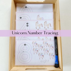 May include: A set of eight printable unicorn number tracing worksheets. Each worksheet features a number with a dotted line for tracing and a corresponding number of unicorn illustrations. The last worksheet shows the number eight written out as "eight".