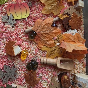 Peut inclure: Un bac sensoriel rempli de riz rose et blanc, contenant des éléments sur le thème de l'automne, notamment des feuilles d'érable en tissu orange et jaune, des glands marron pailletés, une pelle en bois, des cubes en bois et des morceaux de bouleau.