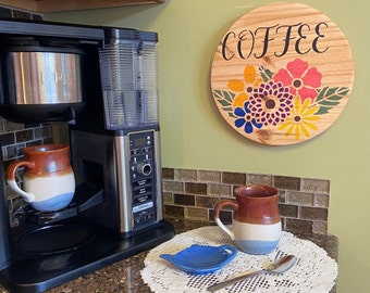 Handmade Coffee Bar Sign, Reclaimed Wood Floral Decor, Kitchen