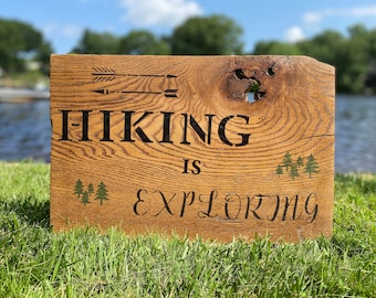 Live Edge Wood Hiking Sign, Outdoor Adventure Decor (16x12),