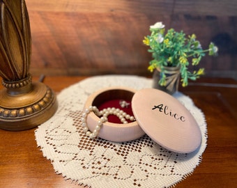 Personalized Round Wooden Jewelry Box, Hand-Painted Keepsake Storage