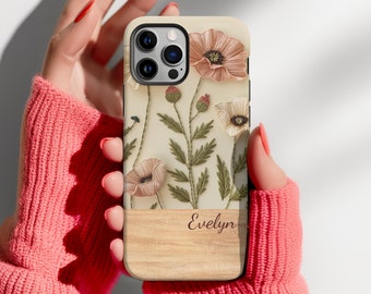 Personalized Floral Phone Case, Faux Embroidery Print, Cottagecore Style