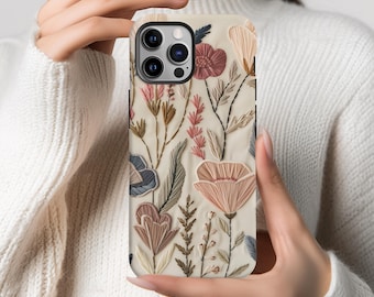 Retro Floral Faux Embroidery Phone Case, Bohemian Flowers, Vintage Spring Cottagecore Style