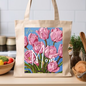 Customizable Pink Tulip Shopping Bag For Art Lovers, Gardeners Cottagecore Pink Floral Print Tote Bag Personalized Ecofriendly Gifts For Mom