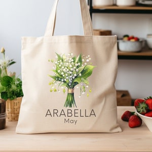 Personalized Lily Of The Valley Tote Bag, May Birth Flower Gift