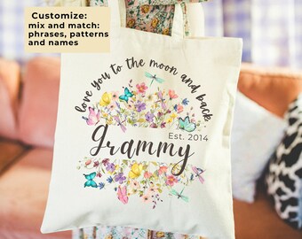 Custom Floral Grandma Tote Bag: Personalized Gift for Grammy, Nana, Mimi
