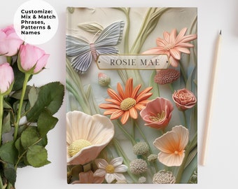 Diario personalizado de flores silvestres, cuaderno de tapa dura con diseño floral personalizado.