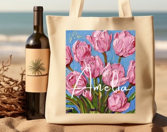 Bold Print Pink Tulip Cotton Canvas Bag Gift For Mother's Day, Personalized Farmers Market Tote Gifts Customizable Tote Bag For Eco Shoppers