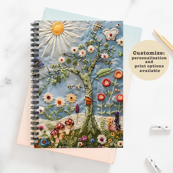 Embroidered Print Personalized Name Notebook Custom Cottagecore Journal Botanical Mushroom Writing Journal Customizable Floral Diary