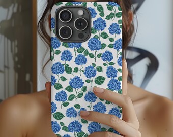 Blue Hydrangea Floral Phone Case, Coastal Preppy Style
