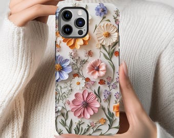 Funda para teléfono Wildflower, estampado floral con textura 3D, funda estilo boho primaveral.