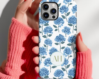 Personalized Hydrangea Flower Phone Case, Coastal Preppy Floral Phone Cover