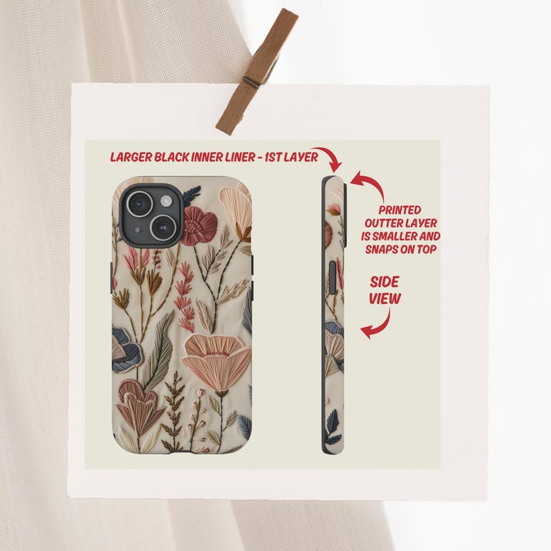 Embrace the beauty of nature with our Retro Floral Faux Embroidery Phone Case.  Designed with nature in mind, this bohemian flowers phone case features a flat surface print of flowers on a vintage look background