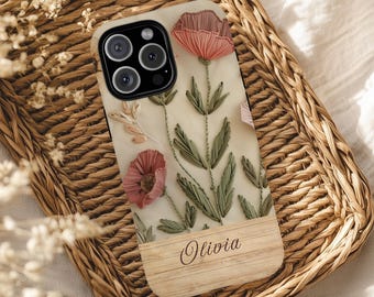 Cottagecore Wildflower Phone Case, Faux Embroidery Floral Tough Cover