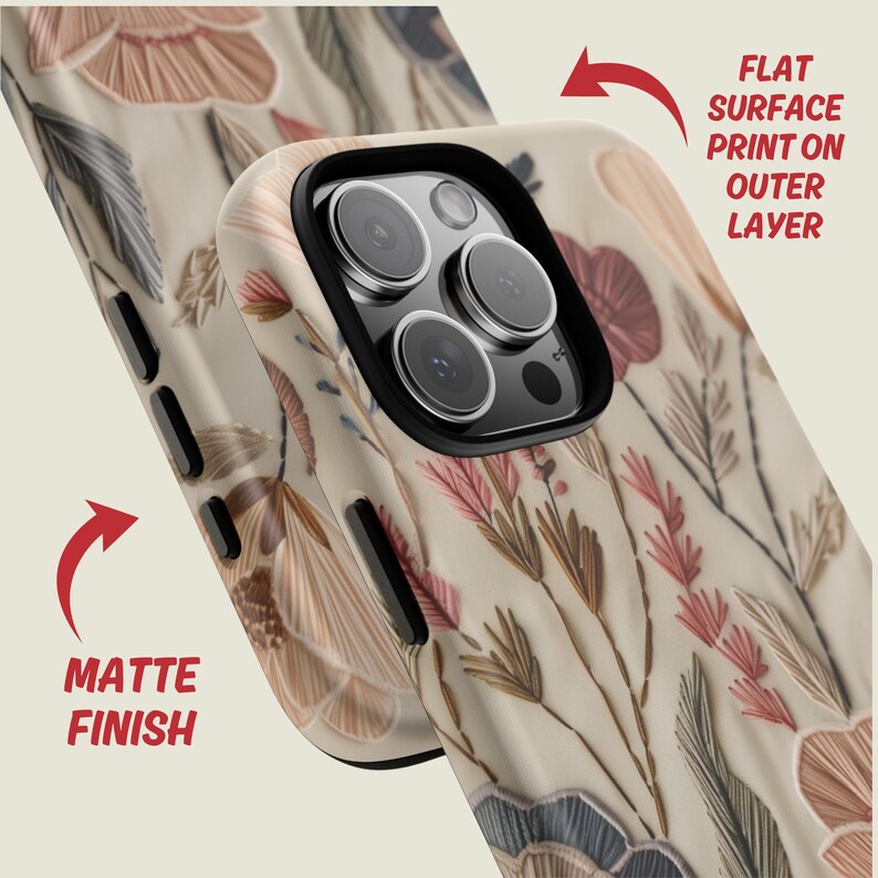 Embrace the beauty of nature with our Retro Floral Faux Embroidery Phone Case.  Designed with nature in mind, this bohemian flowers phone case features a flat surface print of flowers on a vintage look background