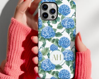 Personalized Blue Hydrangea Floral Phone Case, Coastal Preppy Cover