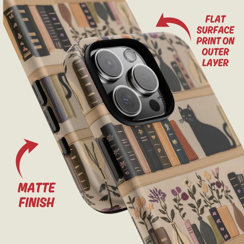Embrace books and nature with our Bookish Boho Floral Phone Case.  Designed with book lovers in mind, this faux embroidery cat on bookshelf phone case features a flat surface print of shelved books, a cat and flowers on a vintage look background