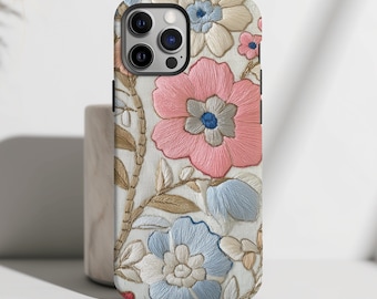 Floral Faux Embroidery Phone Case, Retro Flower Print