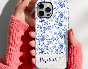 Personalized Chinoiserie Floral Tough Phone Case, Preppy Blue