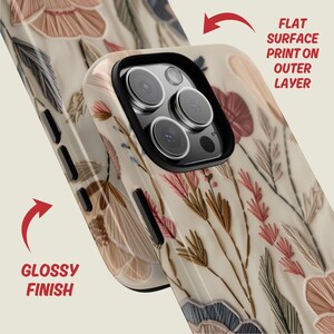Embrace the beauty of nature with our Retro Floral Faux Embroidery Phone Case.  Designed with nature in mind, this bohemian flowers phone case features a flat surface print of flowers on a vintage look background