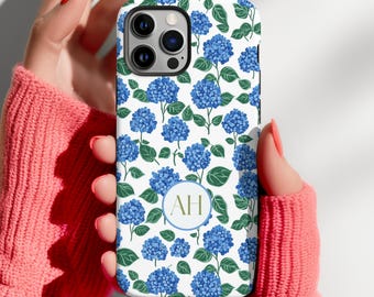 Hydrangea Floral Phone Case, Personalized Preppy Blue Coastal Design